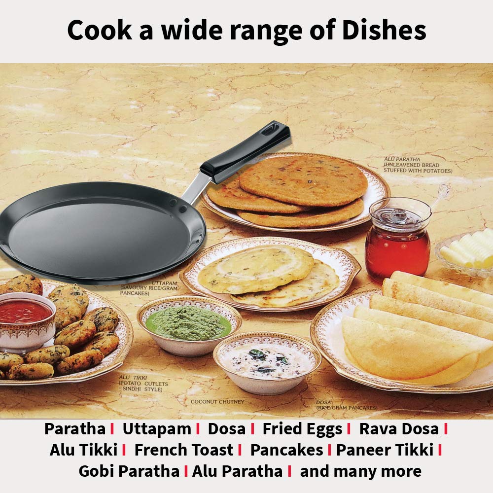 Hawkins Futura 30 cm Flat Tava, Non Stick Tawa with Plastic Handle, Tawa with Rim, Pancake Pan, Flat Pan, Black (NFT30P)