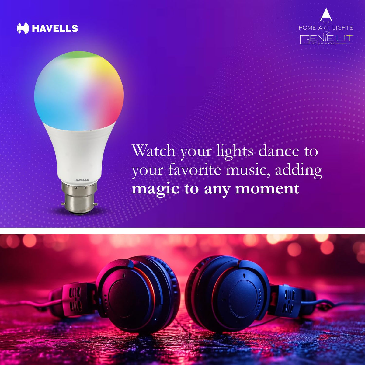Havells Glamax 9W B22 WiFi LED Smart Bulb with Music Sync Function, Compatible with Amazon Alexa and Google Assistant (16M Colours) (Pack of 12)