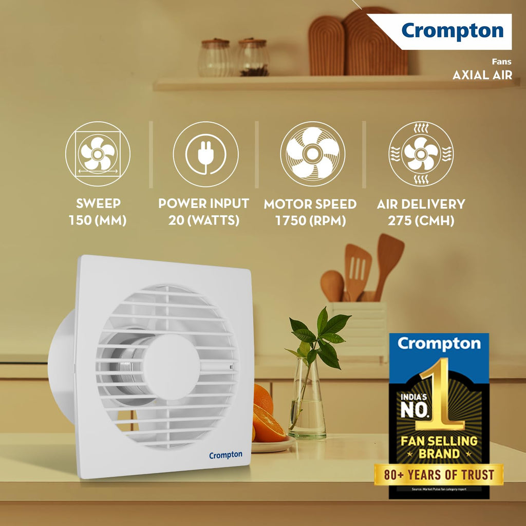 Crompton Axial Air High-Speed Plastic Exhaust/Ventilation Fan (150 mm/6 Inches, White, Pack of 1)