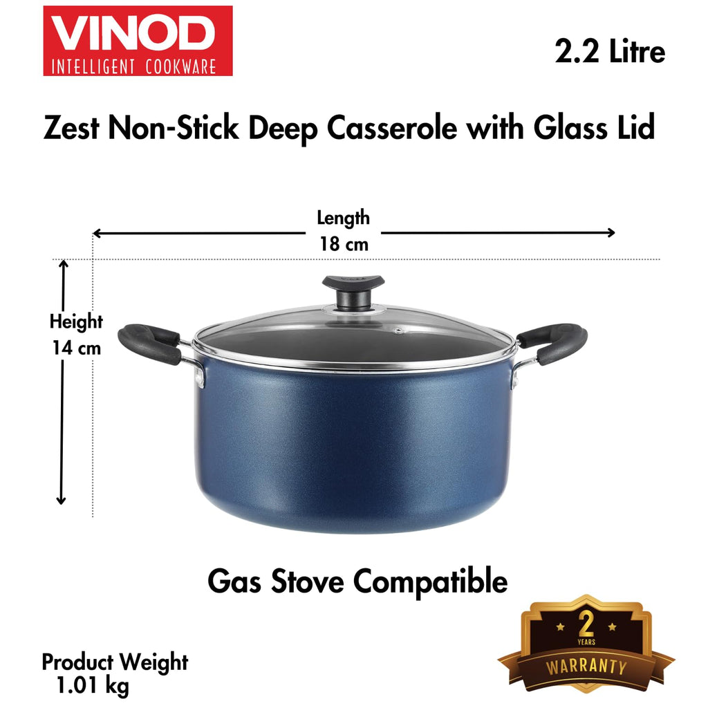 Vinod Zest Aluminium Non Stick Saucepot with Glass Lid - 2.2 Litre, 18 cm | 3 mm Extra Thick | Swiss Quality | 3 Layer Coating | Metal Spoon Friendly - 1 Year Warranty