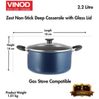 Vinod Zest Aluminium Non Stick Saucepot with Glass Lid - 2.2 Litre, 18 cm | 3 mm Extra Thick | Swiss Quality | 3 Layer Coating | Metal Spoon Friendly - 1 Year Warranty