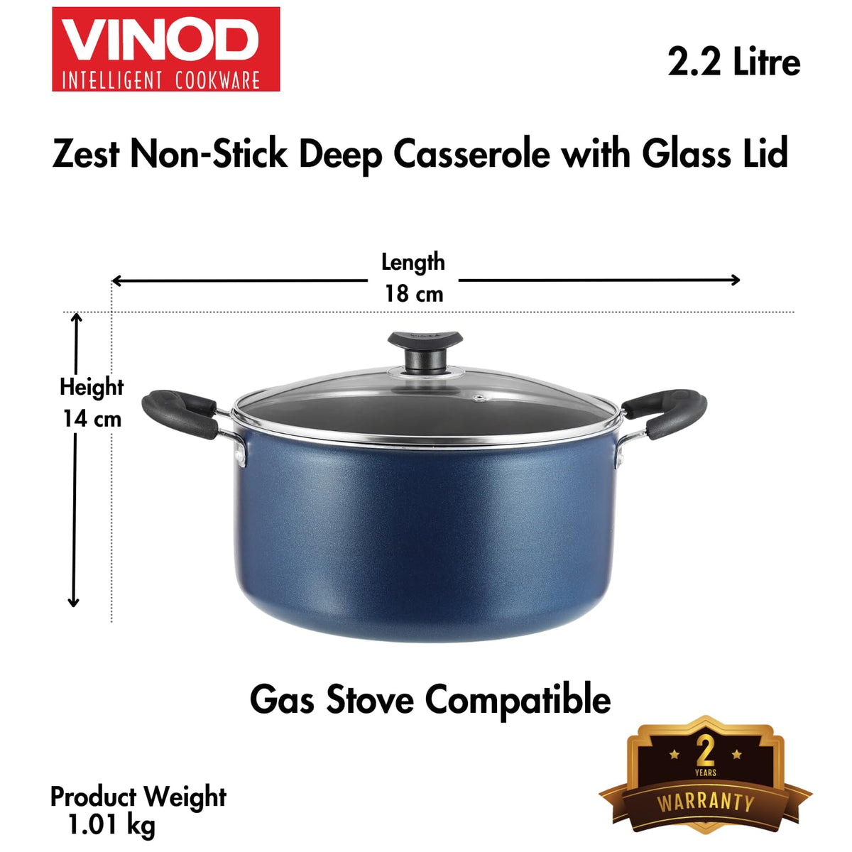 Vinod Zest Aluminium Non Stick Saucepot with Glass Lid - 2.2 Litre, 18 cm | 3 mm Extra Thick | Swiss Quality | 3 Layer Coating | Metal Spoon Friendly - 1 Year Warranty