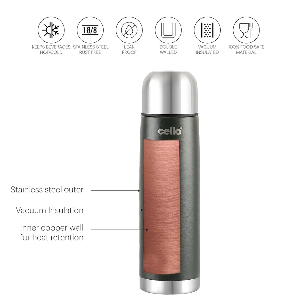 Cello Duro Tuff Steel Series Flip Flask with Jacket | Hot and Cold Stainless Steel Water Bottle | Durable DTP Coating |Vacuum Insulated Bottle for Travel, Home, Office, School | 1000 ml, Green