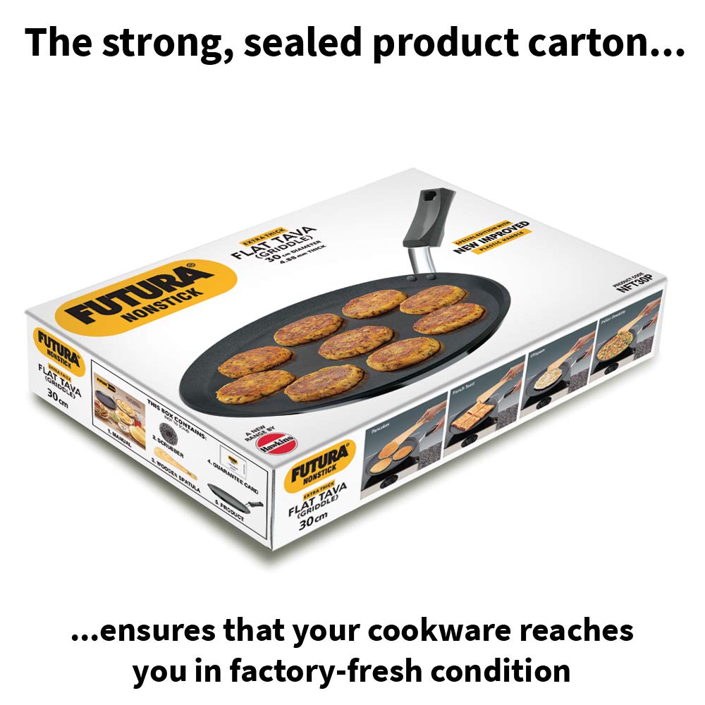 Hawkins Futura 30 cm Flat Tava, Non Stick Tawa with Plastic Handle, Tawa with Rim, Pancake Pan, Flat Pan, Black (NFT30P)