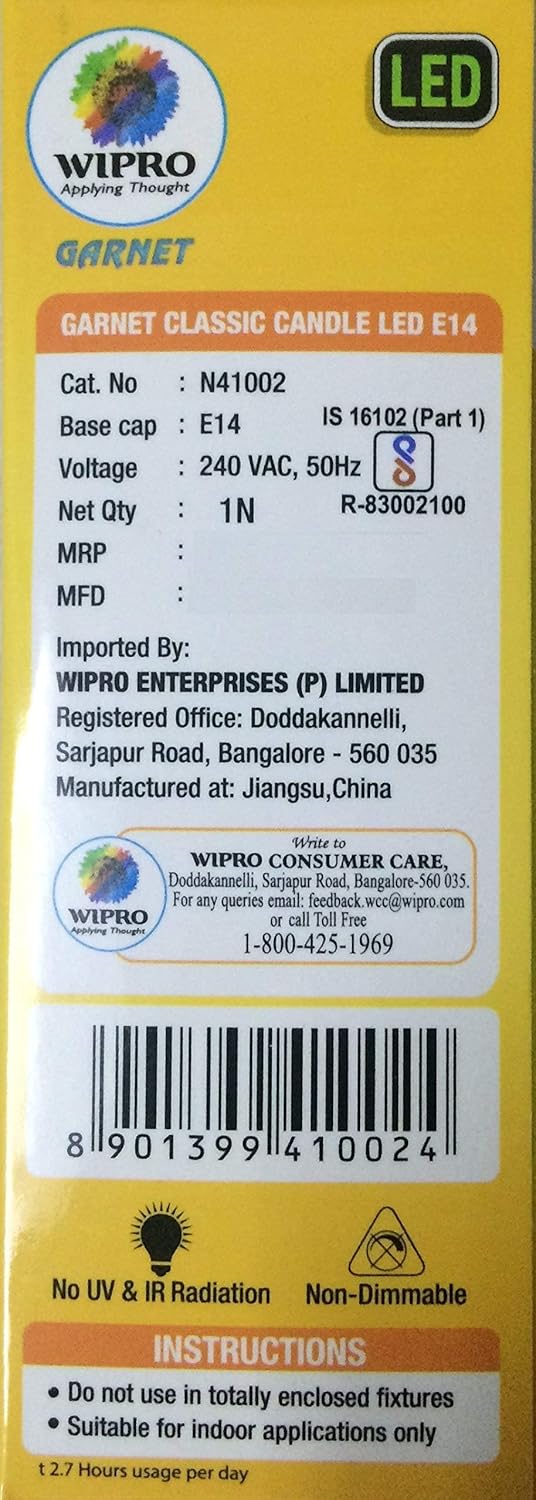wipro Garnet Base E14 4-Watt LED Bulb (Pack of 2, Yellow)