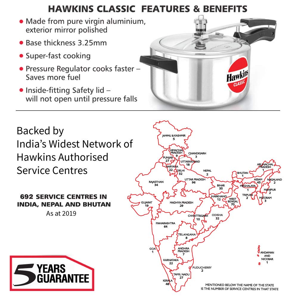 Hawkins Classic 4 Litre Pressure Cooker | Straight Body | Gas Compatible | Ideal for 4–6 persons | ISI Certified | 5 Year Guarantee | Silver (CL40)