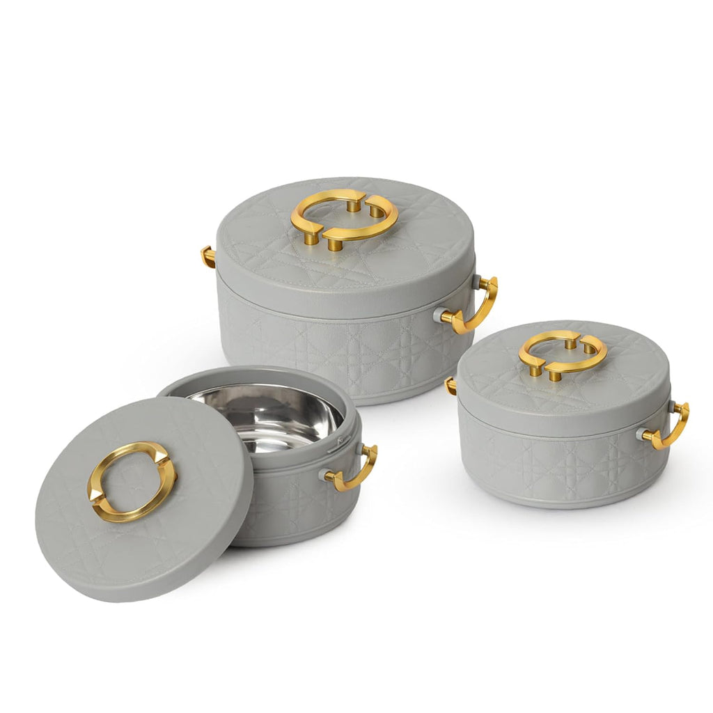 CELLO Ornetto Big Set of 3 Pcs Insulated Steel Casserole Hot Box for Kitchen, Grey (1500ml, 2000ml, 2500ml) |