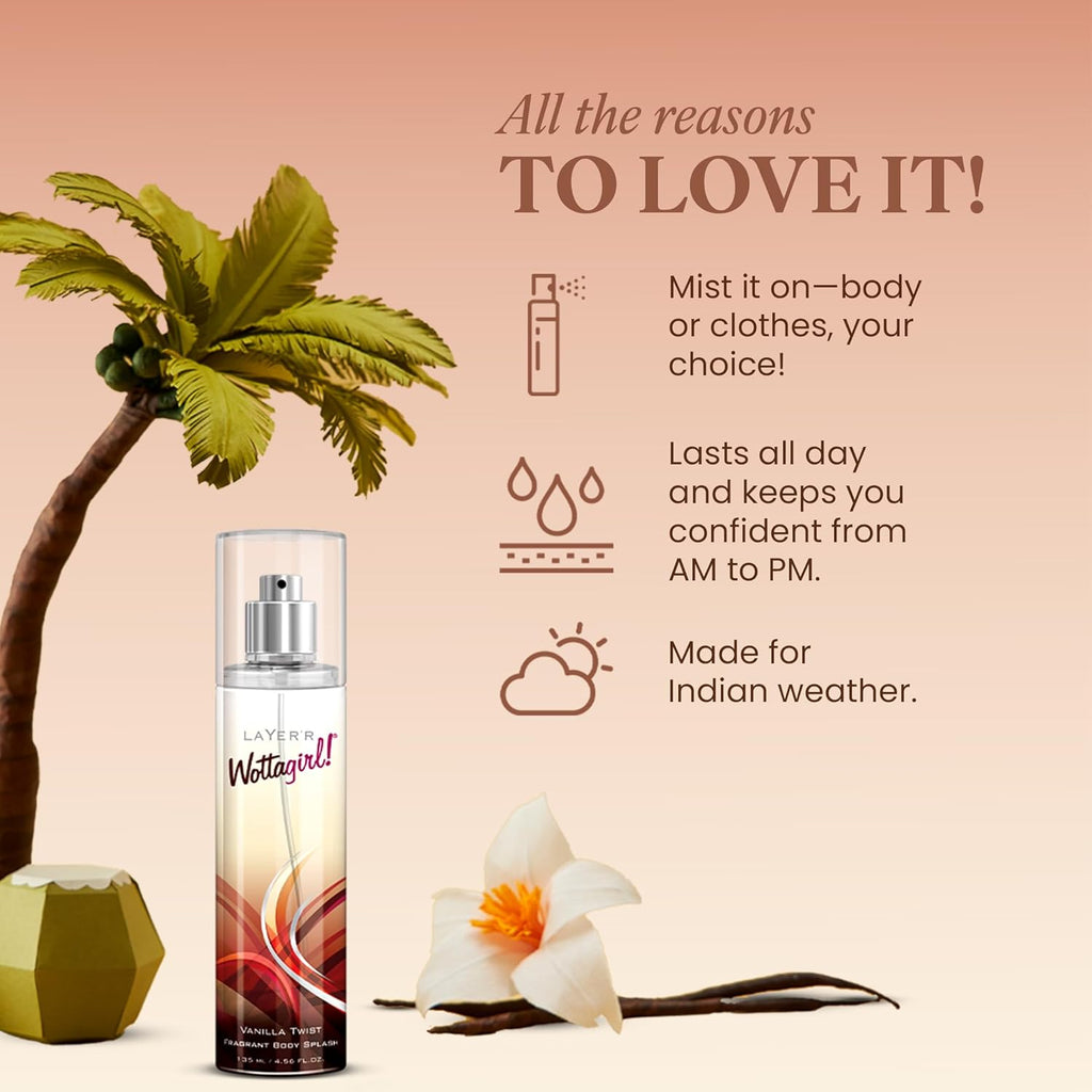 Layer'r Wottagirl Vanilla Twist Body Splash for Women 135ml | Long-lasting body splash with creamy coconut, lily & vanilla notes. Ideal for everyday freshness and daily wear.