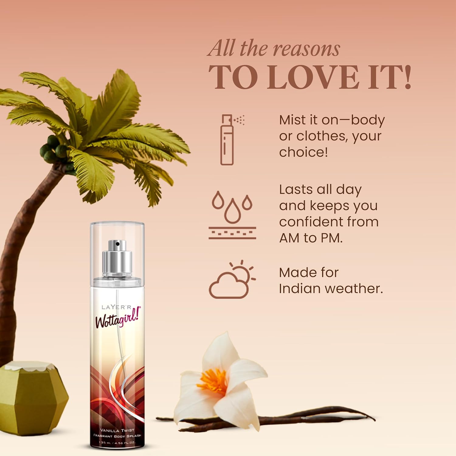 Layer'r Wottagirl Vanilla Twist Body Splash for Women 135ml | Long-lasting body splash with creamy coconut, lily & vanilla notes. Ideal for everyday freshness and daily wear.