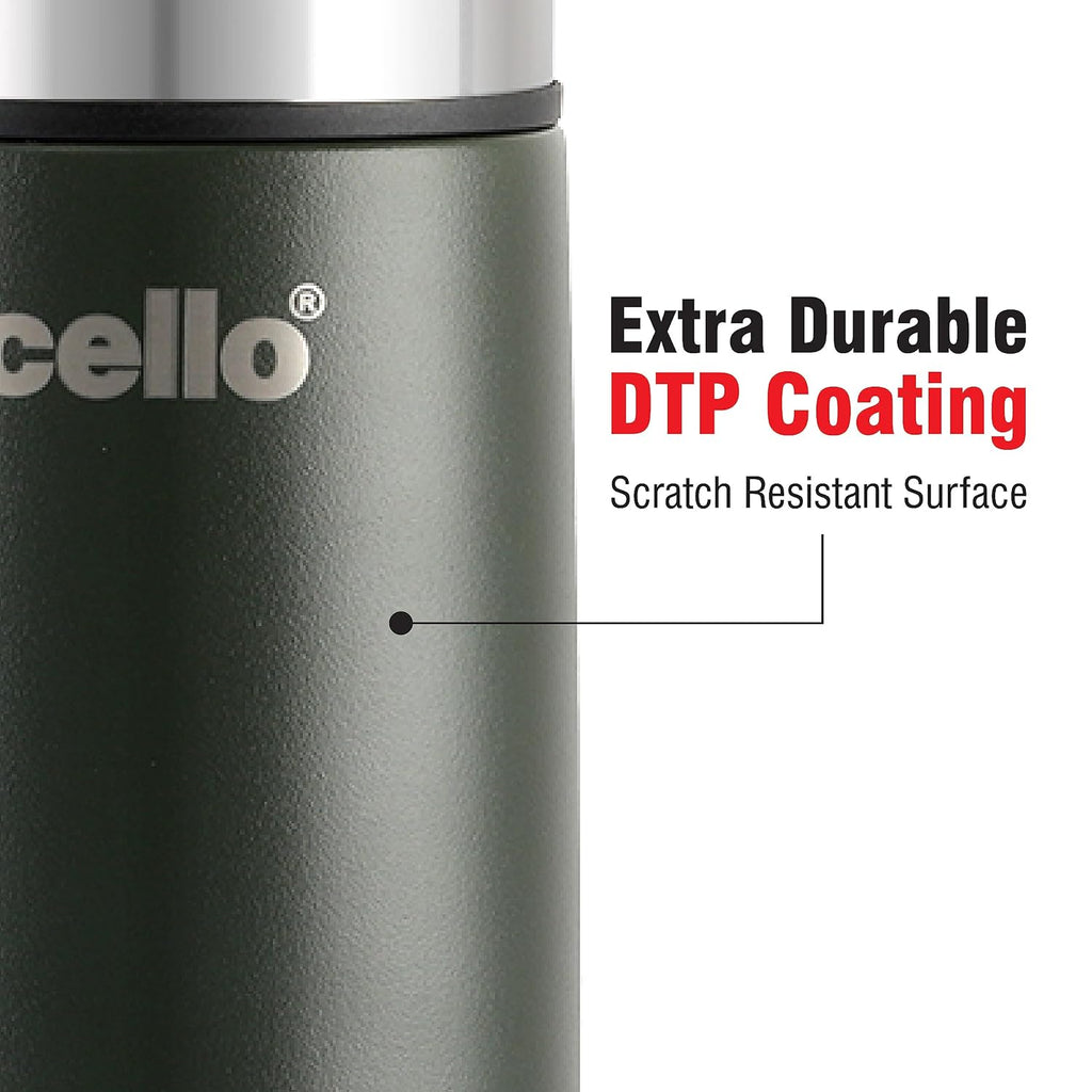 Cello Duro Tuff Steel Series Flip Flask with Jacket | Hot and Cold Stainless Steel Water Bottle | Durable DTP Coating |Vacuum Insulated Bottle for Travel, Home, Office, School | 1000 ml, Green