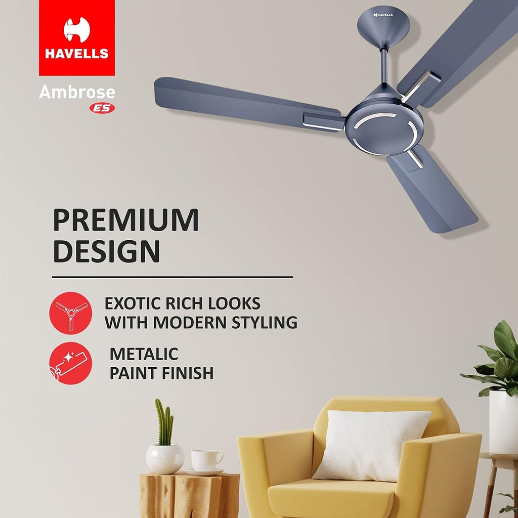 Havells 1200mm Ambrose Energy Saving High Speed Ceiling Fan|Premium Finish, Deco.Fan, Elegant Looks, High Air Delivery| 2 Yr Warranty by Brand | (Pack of 2, Nickel Saphire)