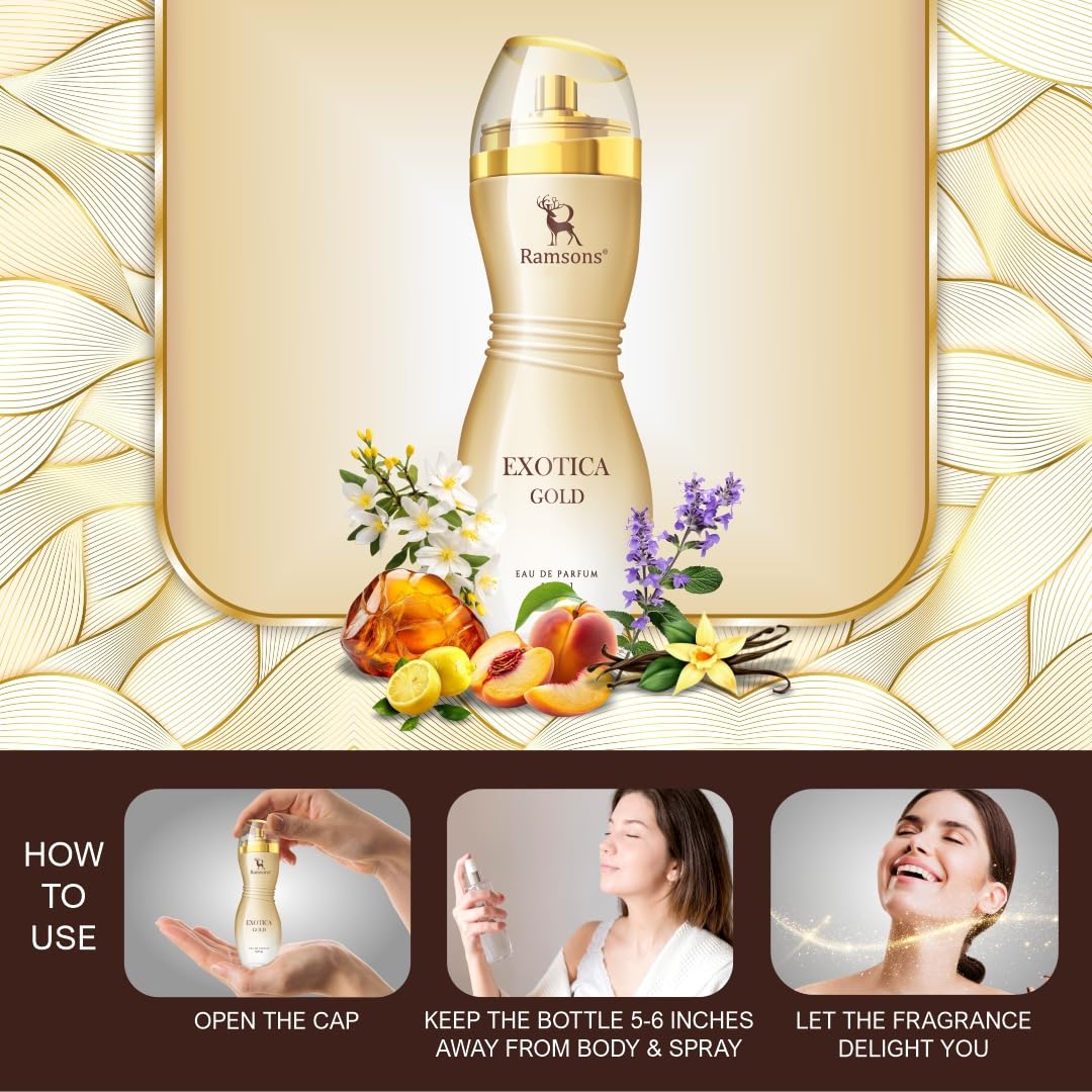 Ramsons - EXOTICA GOLD Eau De Parfum | 100 ML | Perfume For Women | TN - Cassis, Peach, Green Leaf, Lemon | MN - Jasmine, Rose, Lilly, Violet | BN - Musk
