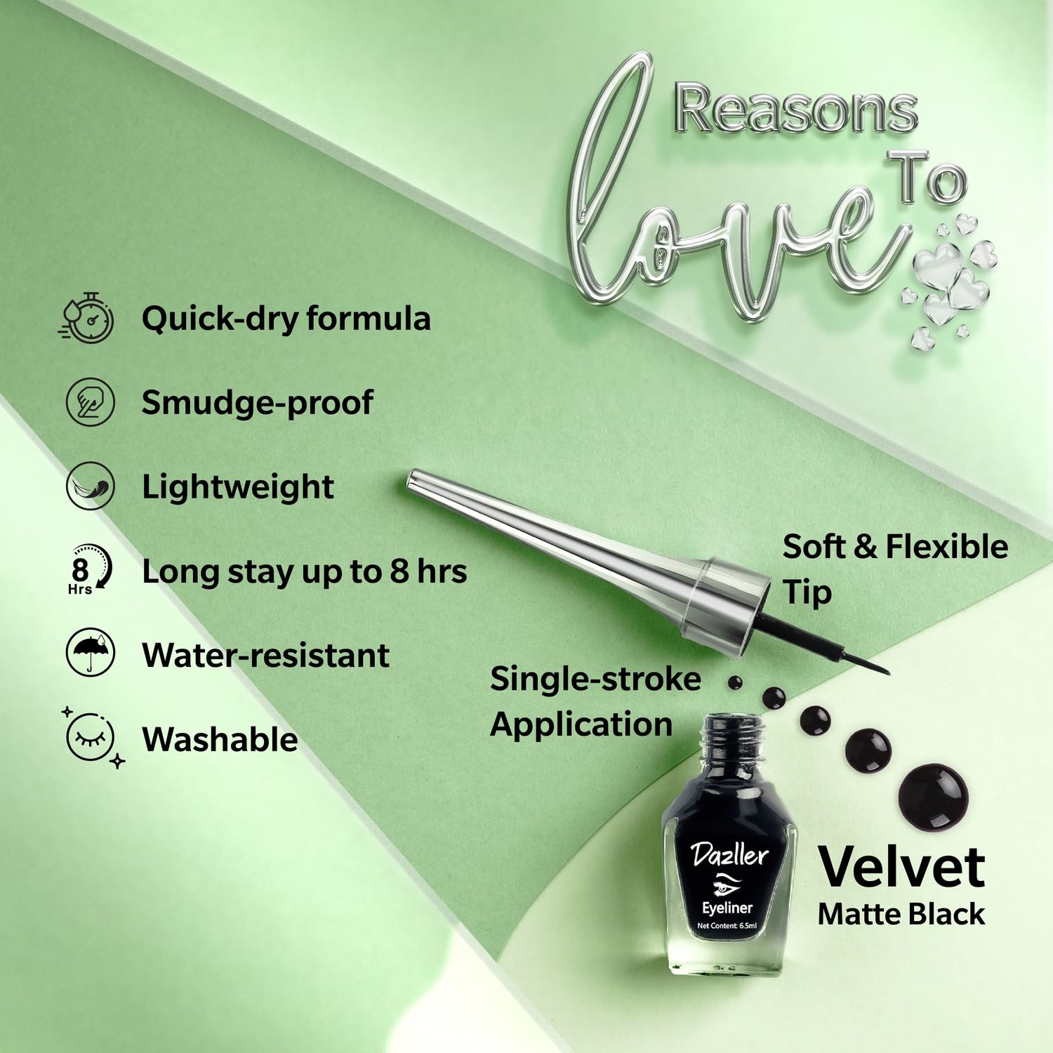 Dazller Eyeliner, 6.5mL (Pack of 3), Black, Velvet Matte, Washable, Water-resistant, Smudge-proof