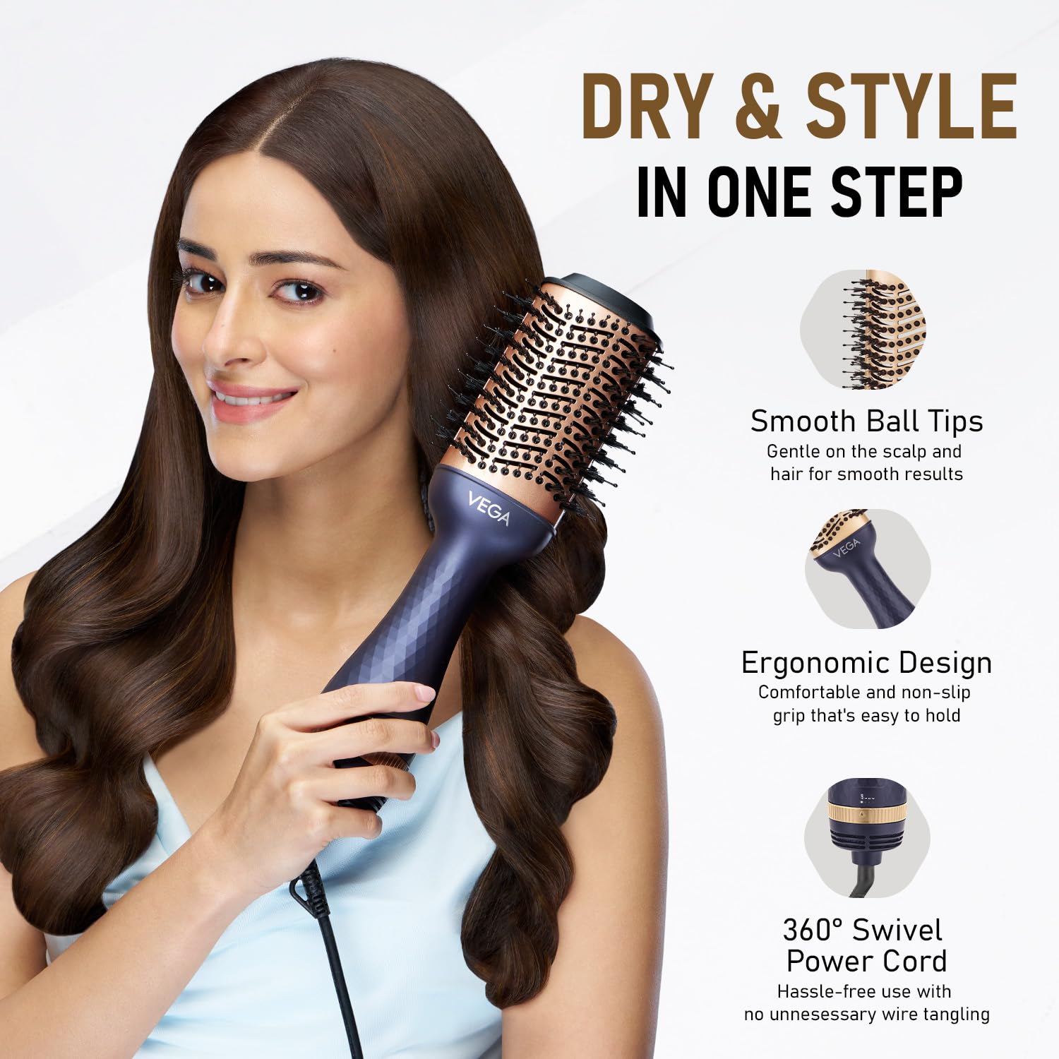 Vega Pro Volumizer Hair Blow Dryer Brush, 3 in 1 Hot Air Brush, 360° Airflow Vent, 2 in1 Quick Drying & Styling, 3 Heat/2 Speed Settings, Hair Dryer...