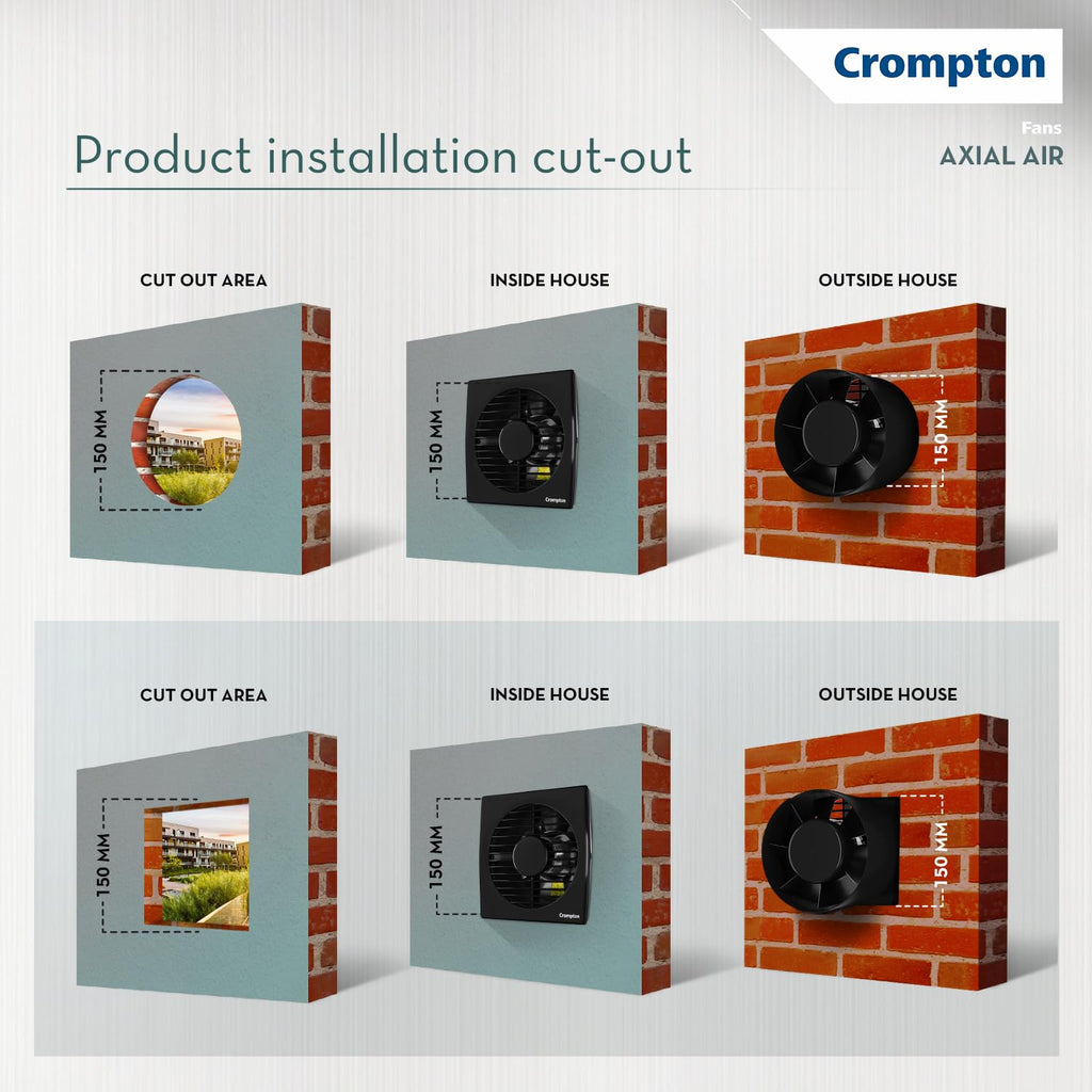 Crompton Axial Air 150 mm (6 inch) Kitchen/Bathroom/Office Exhaust (Ventilation) Fan | 1750 RPM | Low Noise | Sturdy Front Grill | Wall, Glass & Grill Mounting | 2 Year Warranty | Black