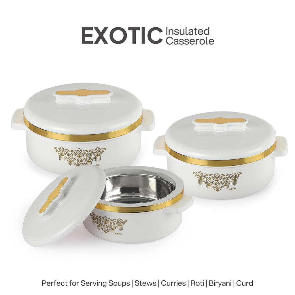 CELLO Exotic Insulated Casserole Set of 3, (500ml, 1000ml, 1500ml) White |