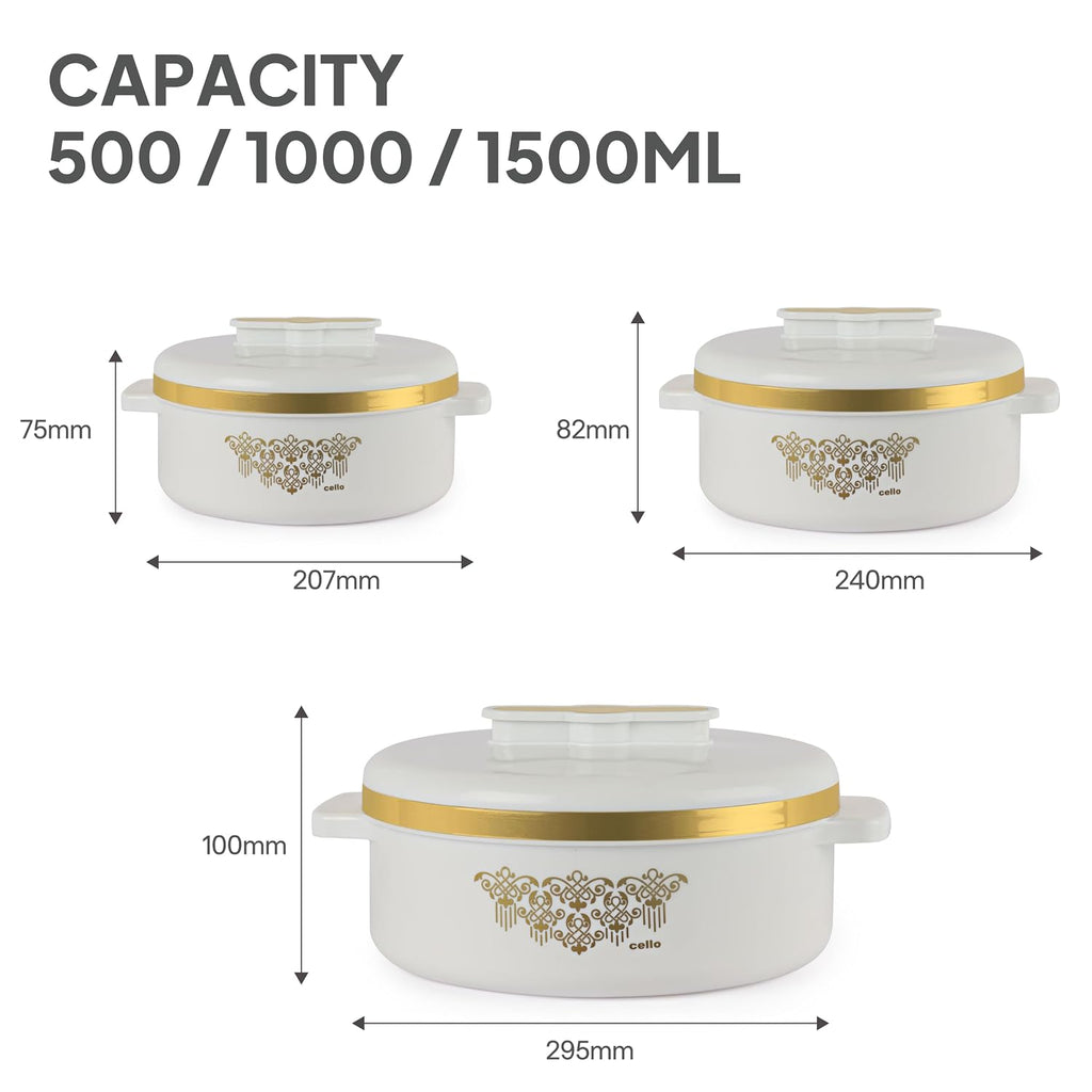 CELLO Exotic Insulated Casserole Set of 3, (500ml, 1000ml, 1500ml) White |