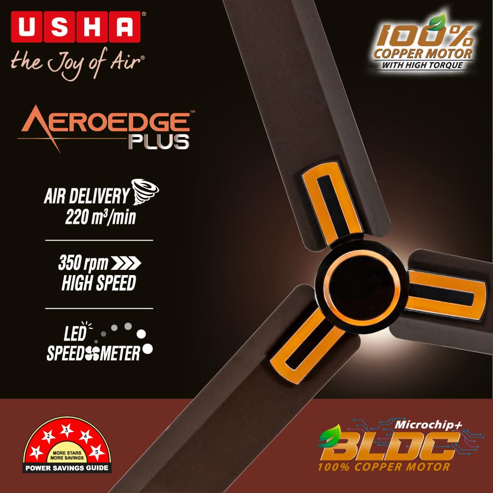 USHA AeroEdge Plus 1200mm BLDC Ceiling Fan with IR Remote |LED Indicator|BEE 5 Star Rated Energy Efficient |100% Copper Motor|High Air Delivery 220CMM|3-Year Motor & 2-Year PCB Warranty|(Smoke Brown)