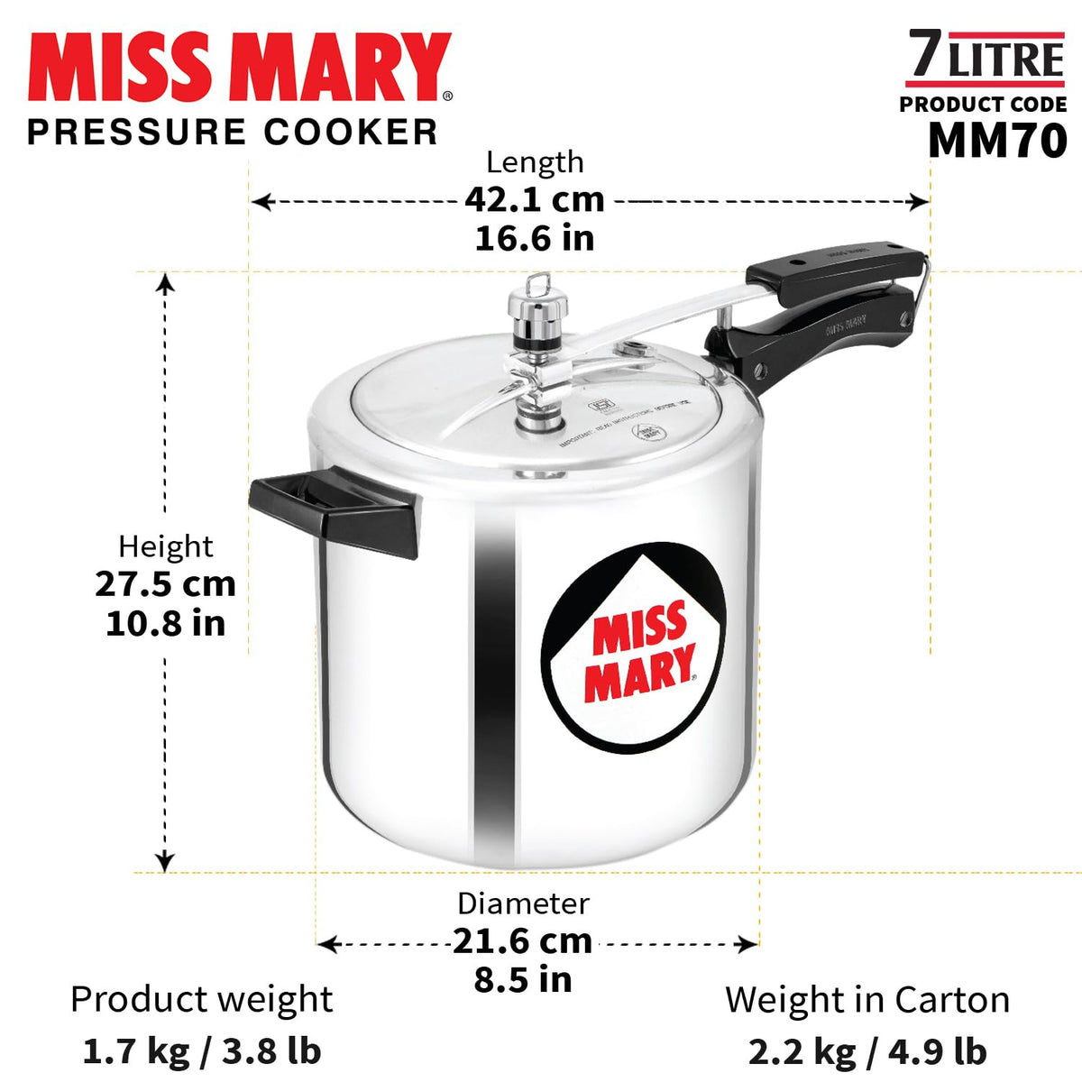 Hawkins Aluminium 7 Litre Miss Mary Pressure Cooker, Inner Lid Cooker, Silver (Mm70)