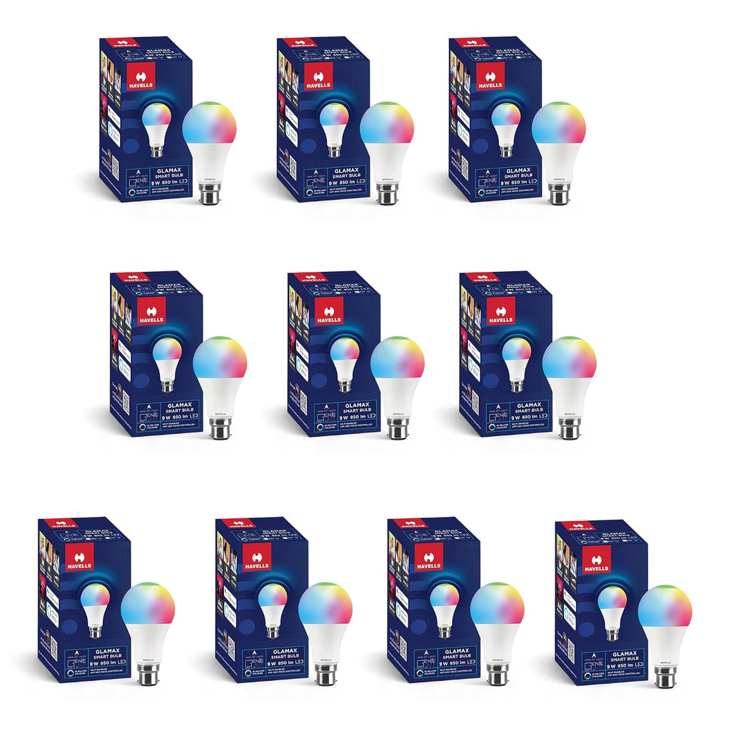 Havells Glamax 9W B22 WiFi LED Smart Bulb with Music Sync Function, Compatible with Amazon Alexa and Google Assistant (16M Colours) (Pack of 10)
