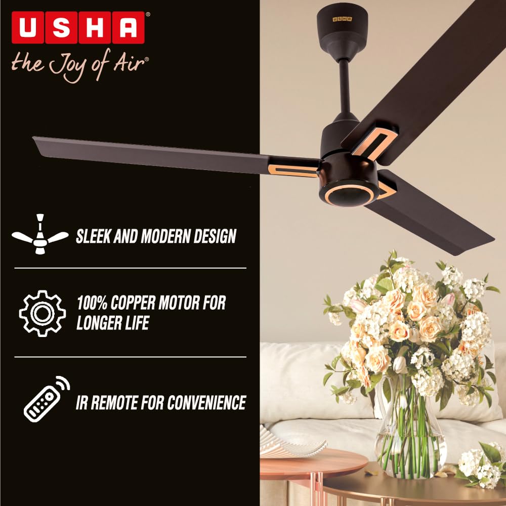 USHA AeroEdge Plus 1200mm BLDC Ceiling Fan with IR Remote |LED Indicator|BEE 5 Star Rated Energy Efficient |100% Copper Motor|High Air Delivery 220CMM|3-Year Motor & 2-Year PCB Warranty|(Smoke Brown)