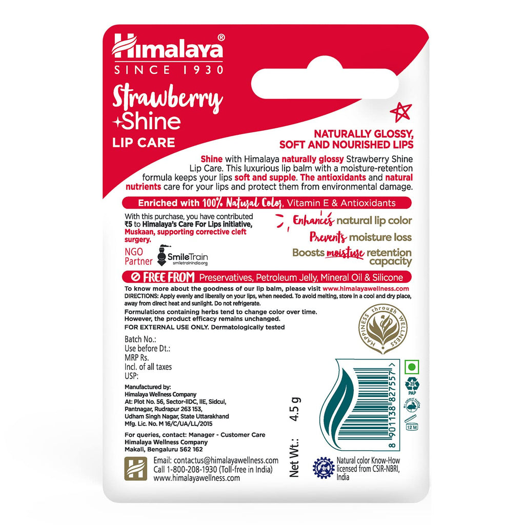 Himalaya Strawberry Shine Lip Balm | 4.5gm| 100% Natural Colour | Naturally Glossy | Soft & Nourished Lips | Natural Vitamin E