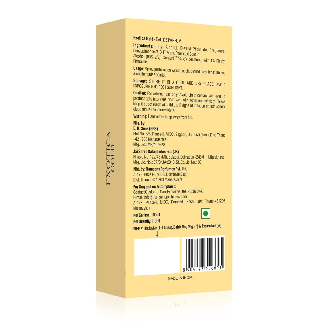 Ramsons - EXOTICA GOLD Eau De Parfum | 100 ML | Perfume For Women | TN - Cassis, Peach, Green Leaf, Lemon | MN - Jasmine, Rose, Lilly, Violet | BN - Musk