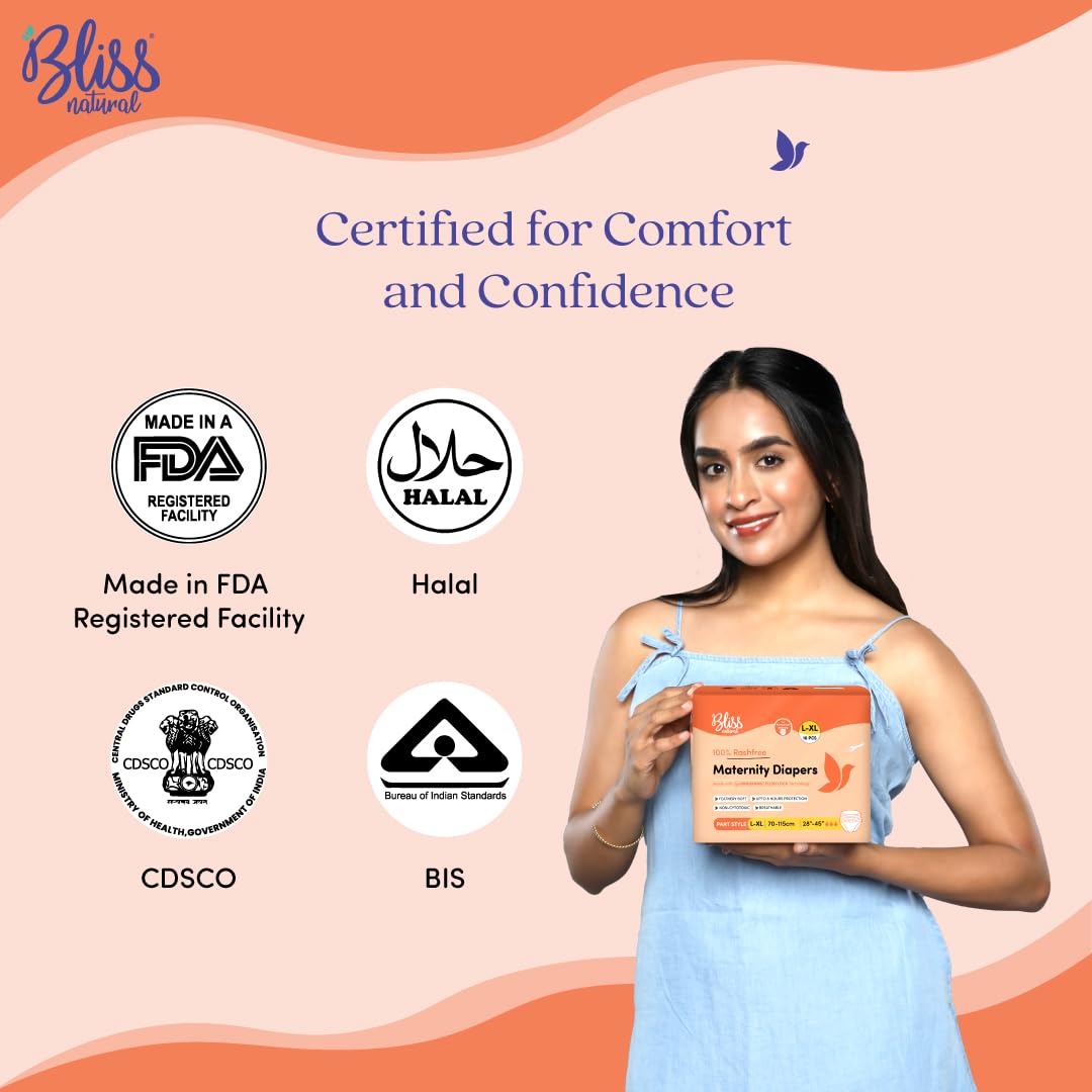 BLISSNATURAL Maternity Diapers for Women Pack of 10 | Waist Size 24"- 40" (S-M) | Pull-Up Pants With Extreme Comfort | Easy to Wear and Remove Diaper |