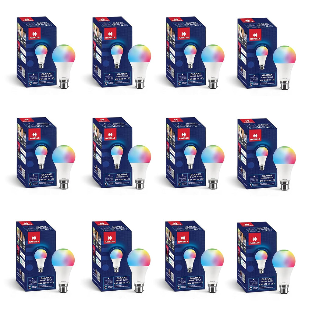Havells Glamax 9W B22 WiFi LED Smart Bulb with Music Sync Function, Compatible with Amazon Alexa and Google Assistant (16M Colours) (Pack of 12)