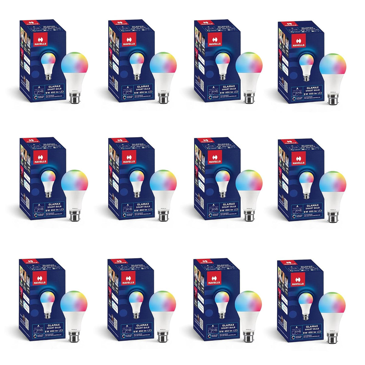 Havells Glamax 9W B22 WiFi LED Smart Bulb with Music Sync Function, Compatible with Amazon Alexa and Google Assistant (16M Colours) (Pack of 12)