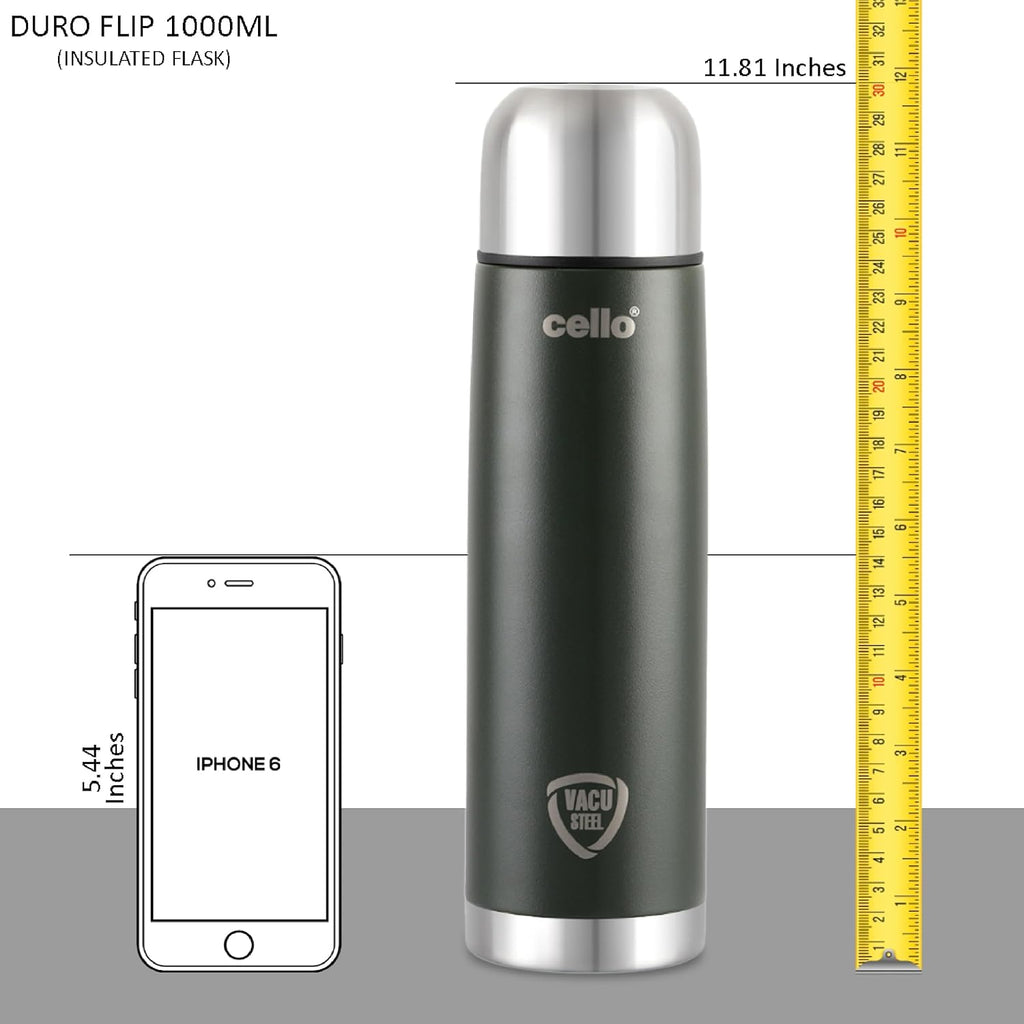 CELLO Duro Flip Stainless Steel Hot & Cold Flip Lid Flask with Jacket 1000 ml Black | Double Wall Vacuum Insulated Rust & Scratch Resistant Leakproof Thermosteel Flask Water Bottle For Office & Travel