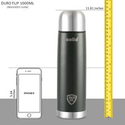 CELLO Duro Flip Stainless Steel Hot & Cold Flip Lid Flask with Jacket 1000 ml Black | Double Wall Vacuum Insulated Rust & Scratch Resistant Leakproof Thermosteel Flask Water Bottle For Office & Travel