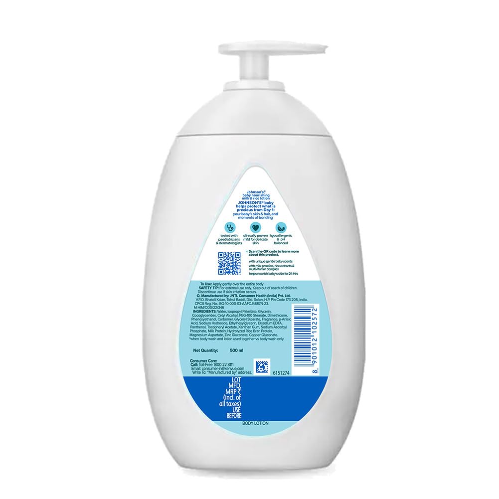 Johnson's Baby Milk and Rice Baby Lotion 500 ml| All Skin Types Including Sensitive Skin | With Milk Protein