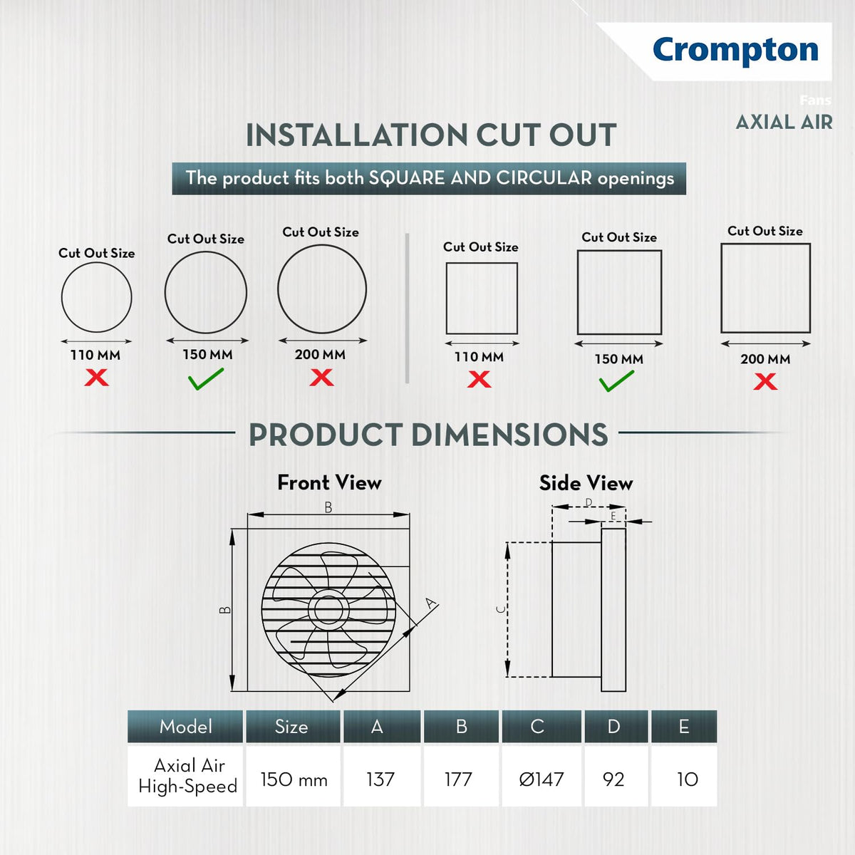 Crompton Axial Air High-Speed Plastic Exhaust/Ventilation Fan (150 mm/6 Inches, White, Pack of 1)