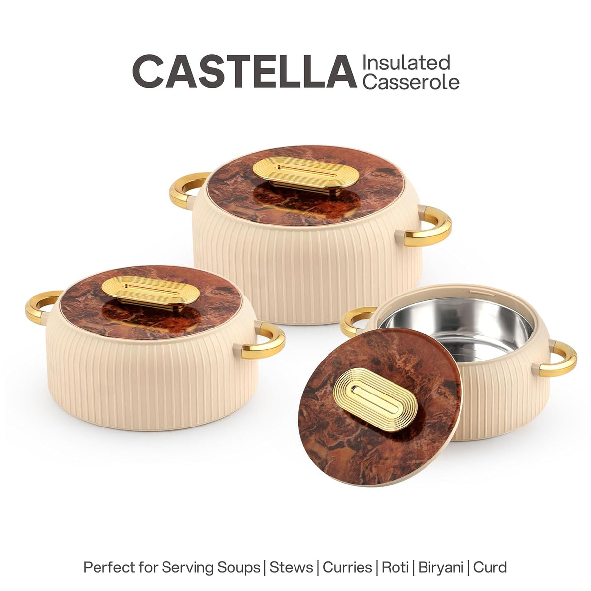 CELLO Castella Insulated Steel Casserole Set of 3 Pcs (1000ml, 1000ml, 1500ml) Gold Beige |
