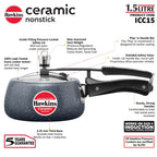 Hawkins 1.5 Litre Ceramic Nonstick Pressure Cooker, Induction Inner Lid Baby Cooker, Granite Contura shaped Cooker, Blue (ICC15)