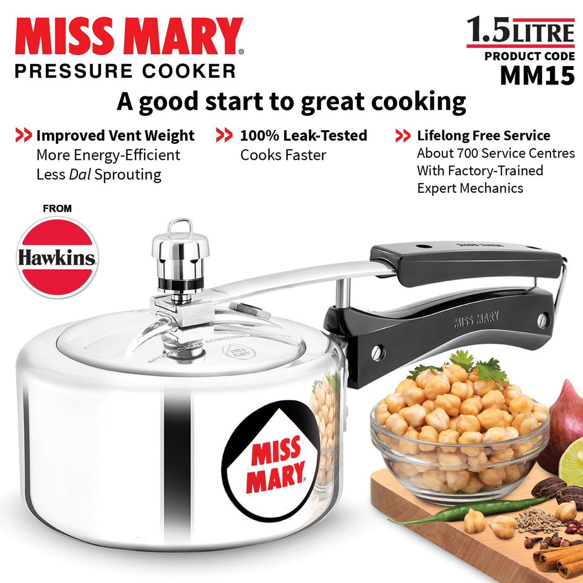 Hawkins 1.5 Litre Miss Mary Pressure Cooker, Small Inner Lid Baby Cooker, Silver (MM15)