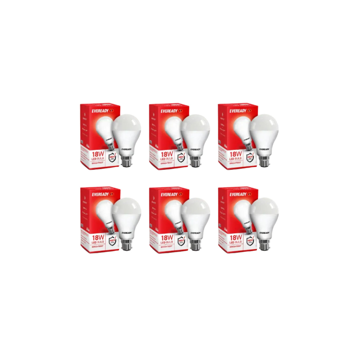Eveready 18W LED Bulb | 1800 Lumen | 4KV Surge Protection | Long Life & Low Maintenance | BIS Certified | 1 Year Warranty | 100 Lumens Per Watt | Cool Day Light (6500K) | B22 | Pack of 6