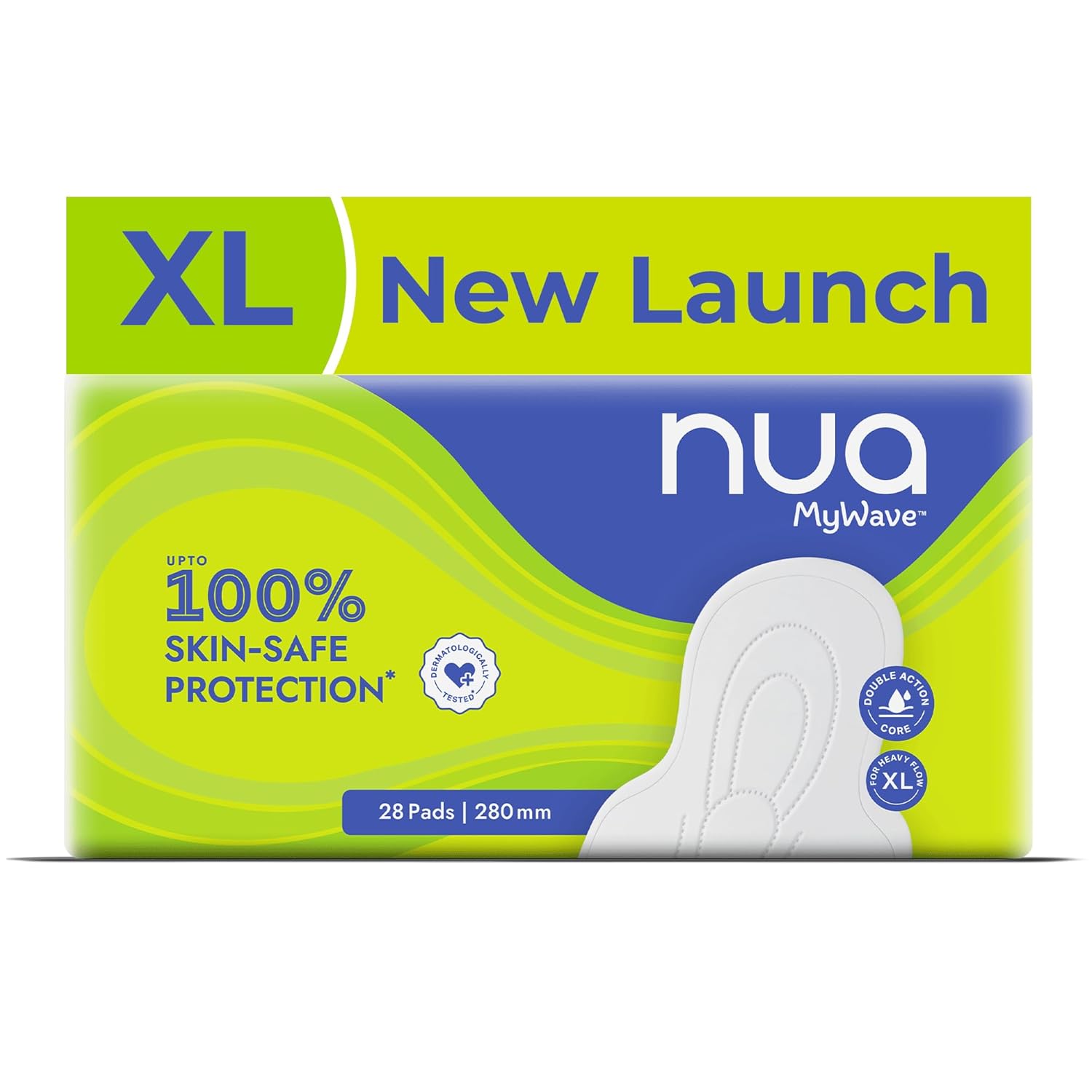 Nua MyWave XL Sanitary Pads for Women | Heavy Flow Period Pads | Super Soft, Rash-Free, Leak-Proof | Super Absorbent | Pack of 28 |