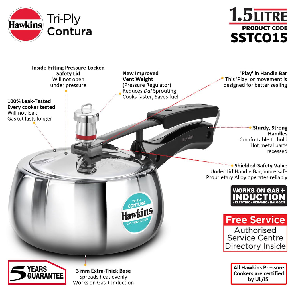 Hawkins Contura 1.5 Litre Stainless steel Pressure Cooker | Curved Body | Induction Compatible | Ideal for 1 2 persons | ISI Certified | Guaranteed for 5...