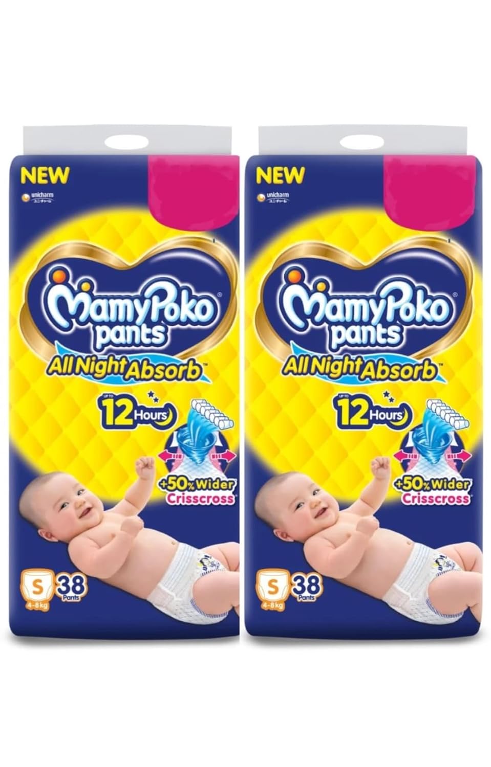 MamyPoko Pants All Night Absorb Baby Diapers, Size S (4-8 kg), 76 Count, Pack of 2