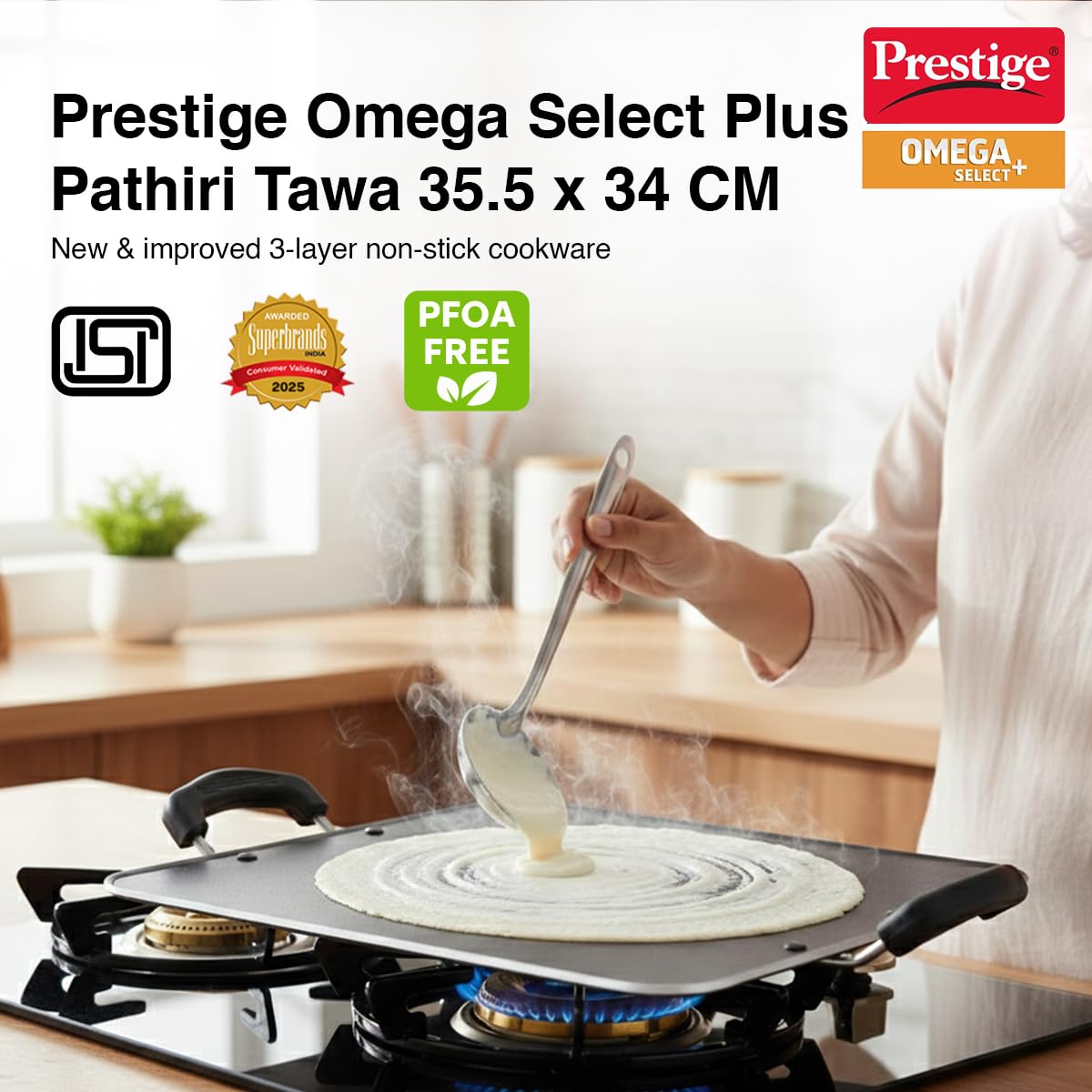 Prestige Omega Select Plus Aluminium Square Pathri Tawa 31cm|3 Layer Teflon Non Stick|Metal Spoon Friendly
