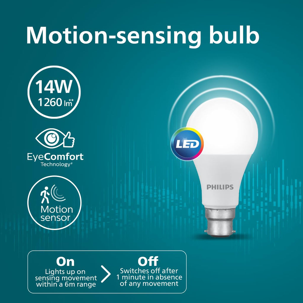 PHILIPS Motion Sensor LED Bulb 14W B22 | Crystal White Light for Home | Pack of 2