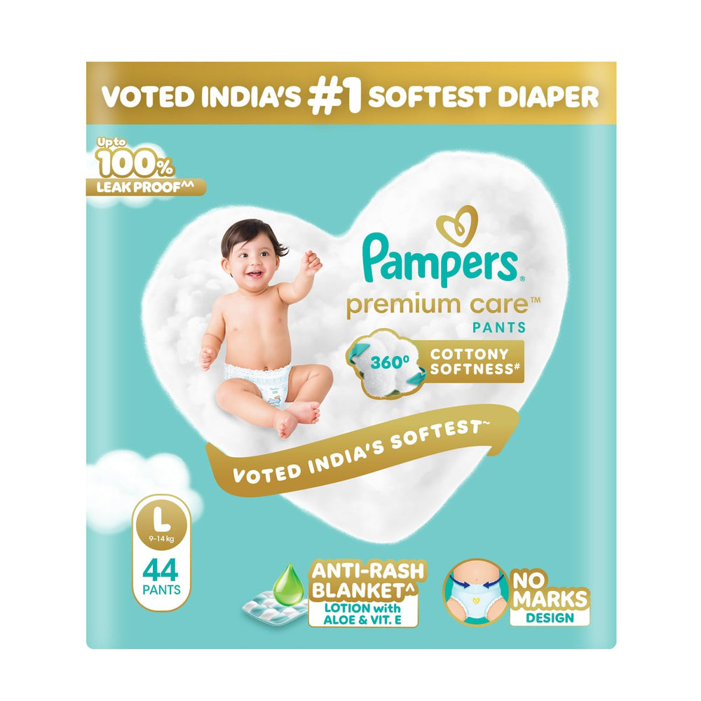 Pampers Premium Care Pant Style Baby Diapers L 44 Count | No Marks Design | Voted India’s #1 Softest Diaper | All in 1 diaper with 360 Cottony Softness