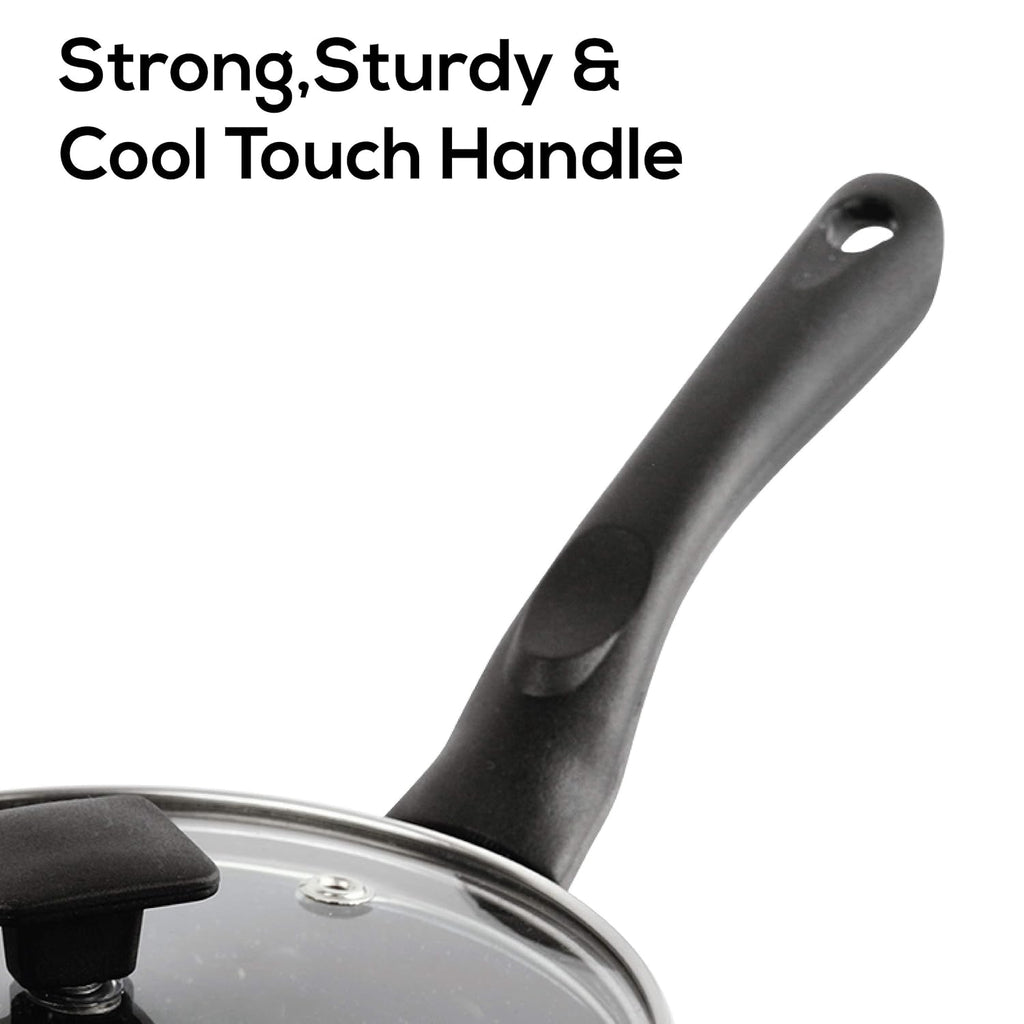 CELLO Aluminium Non-Stick Sauce/Milk Pan with Glass Lid for Kitchen 1.5 Litre, Black | PFOA Free, Bakelite Handle, Gas Stove & Induction Compatible Milk Tea Sauce Boiling Water Pans Pots for Cooking