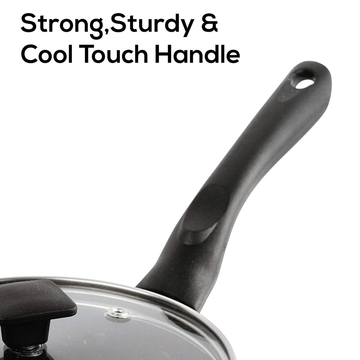 CELLO Aluminium Non-Stick Sauce/Milk Pan with Glass Lid for Kitchen 1.5 Litre, Black | PFOA Free, Bakelite Handle, Gas Stove & Induction Compatible Milk Tea Sauce Boiling Water Pans Pots for Cooking