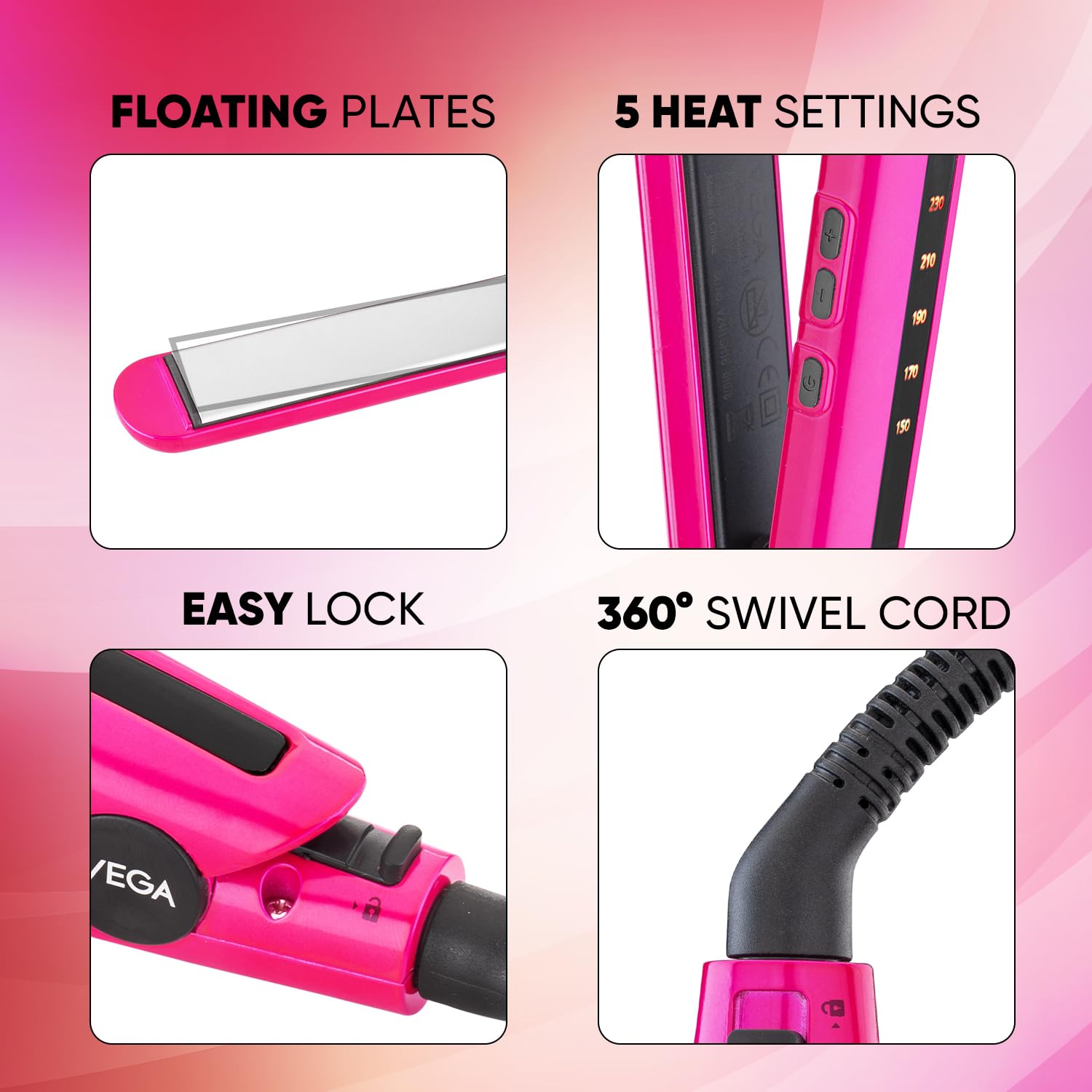 Vega Trendy Hair Straightener for Men and Women with Ceramic Coated Floating Plates, Temperature Setting