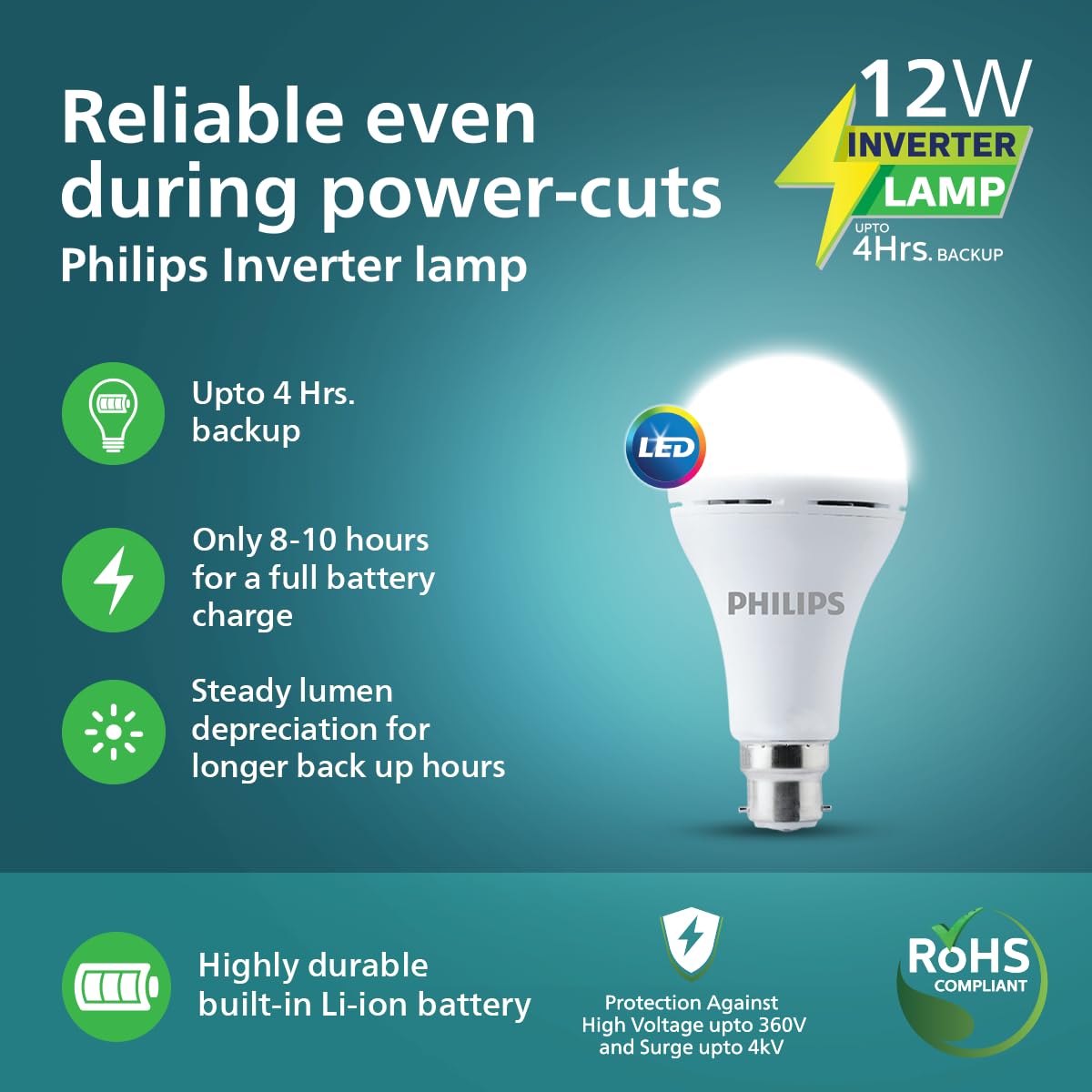 PHILIPS 12W Emergency Bulb|Rechargeable Emergency Bulb for Power Cuts|Backup : Upto 4hrs, Cool Day Light,Pack of 6, b22d, LED