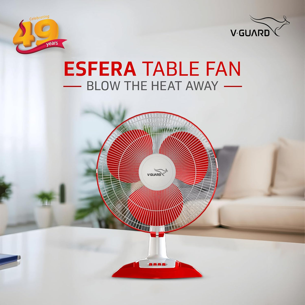 V-Guard Esfera Table Fan | 3 Speed Settings | 1350 RPM Powerful Motor | Corrosion Resistant Powder-Coated Metal Guards | White Red | 40cm (400mm)