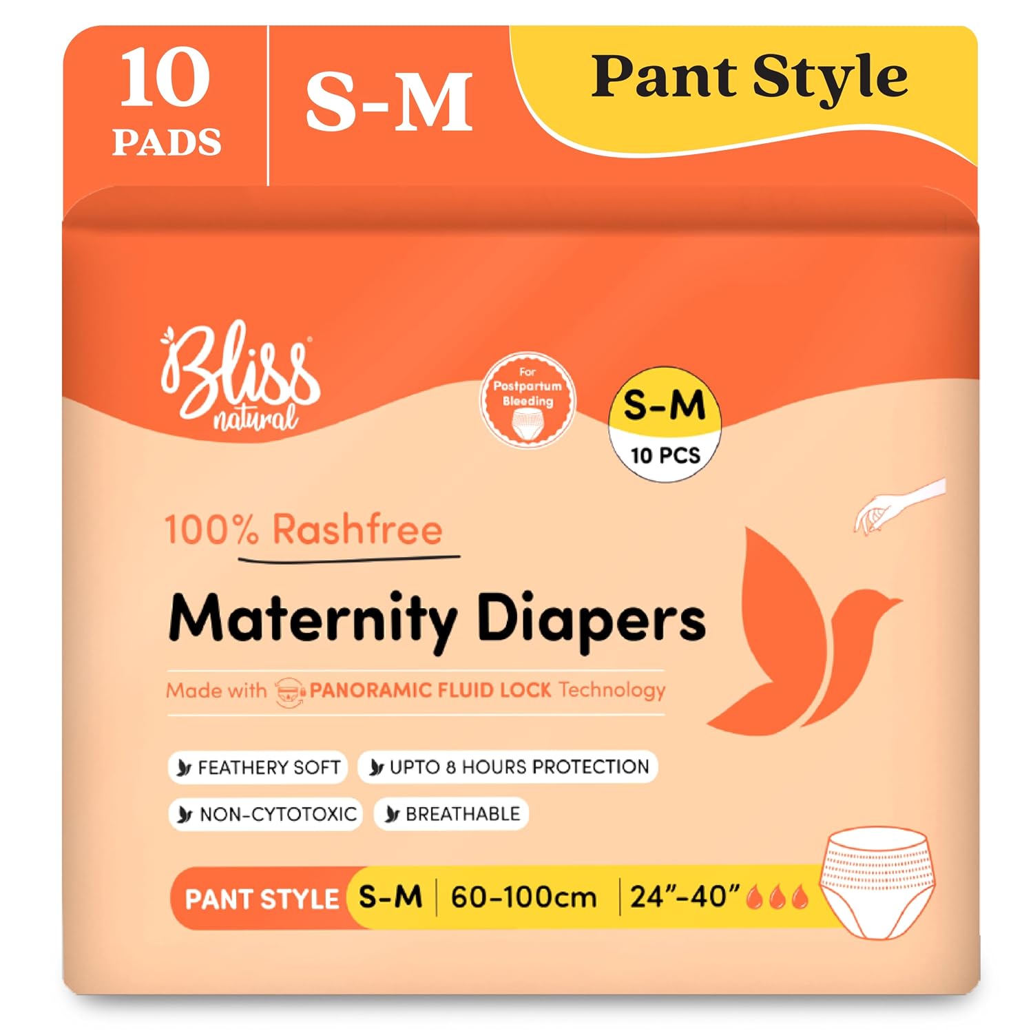 BLISSNATURAL Maternity Diapers for Women Pack of 10 | Waist Size 24"- 40" (S-M) | Pull-Up Pants With Extreme Comfort | Easy to Wear and Remove Diaper |